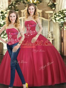 Sumptuous Red Strapless Lace Up Beading Sweet 16 Dress Sleeveless