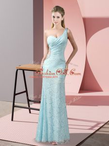 Floor Length Light Blue Formal Dresses One Shoulder Sleeveless Criss Cross