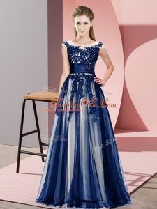 Pretty Floor Length Navy Blue Wedding Party Dress Tulle Sleeveless Beading and Lace