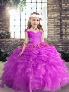 Floor Length Fuchsia Little Girls Pageant Dress Straps Sleeveless Lace Up