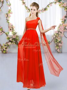Floor Length Red Court Dresses for Sweet 16 One Shoulder Sleeveless Lace Up