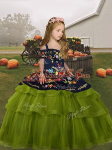 High End Floor Length Lace Up Little Girls Pageant Gowns Olive Green for Party and Wedding Party with Embroidery