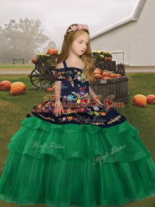 Green Sleeveless Floor Length Embroidery and Ruffled Layers Lace Up Girls Pageant Dresses