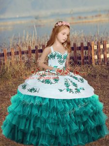Organza Straps Sleeveless Lace Up Embroidery and Ruffled Layers Pageant Dress for Teens in Teal