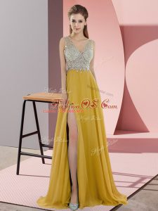 New Style Gold Sleeveless Chiffon Sweep Train Zipper for Prom and Party