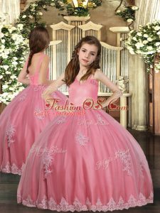 Floor Length Lace Up Little Girls Pageant Dress Wholesale Watermelon Red for Party and Sweet 16 and Wedding Party with Appliques