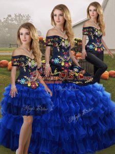 Pretty Off The Shoulder Sleeveless Sweet 16 Dresses Floor Length Embroidery and Ruffled Layers Blue And Black Organza