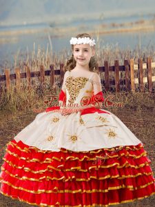Red Little Girl Pageant Dress Wedding Party with Beading and Embroidery and Ruffled Layers Straps Sleeveless Lace Up