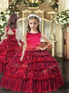 Sleeveless Floor Length Ruffled Layers Lace Up Custom Made Pageant Dress with Red