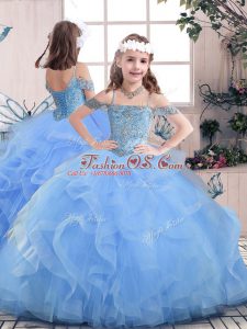 Wonderful Floor Length Blue Kids Formal Wear Straps Sleeveless Lace Up