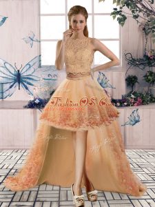 Gold Two Pieces Scoop Sleeveless Tulle High Low Backless Beading and Lace Prom Dresses