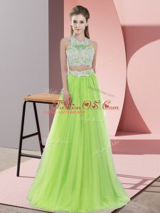 Yellow Green Tulle Zipper Halter Top Sleeveless Floor Length Damas Dress Lace