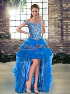 A-line Prom Party Dress Blue Off The Shoulder Tulle Sleeveless High Low Lace Up