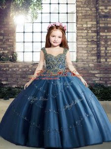 Blue Little Girl Pageant Dress Party and Wedding Party with Beading Straps Sleeveless Lace Up