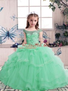 High Class Apple Green Scoop Neckline Beading Little Girl Pageant Gowns Sleeveless Lace Up
