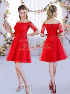 Off The Shoulder Half Sleeves Lace Up Quinceanera Court Dresses Red Lace