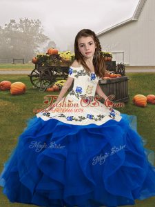 Blue Straps Neckline Embroidery and Ruffles Pageant Gowns For Girls Sleeveless Lace Up