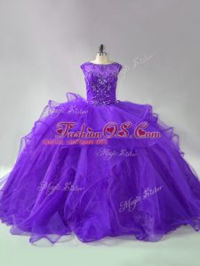 Scoop Sleeveless Brush Train Lace Up Vestidos de Quinceanera Purple Organza