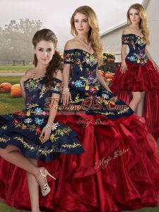 Fine Red And Black Organza Lace Up Ball Gown Prom Dress Sleeveless Floor Length Embroidery and Ruffles