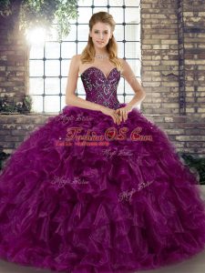 Organza Sweetheart Sleeveless Lace Up Beading and Ruffles Vestidos de Quinceanera in Purple