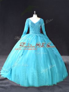 Trendy Aqua Blue Tulle Lace Up V-neck Long Sleeves Floor Length Quinceanera Dresses Lace and Appliques