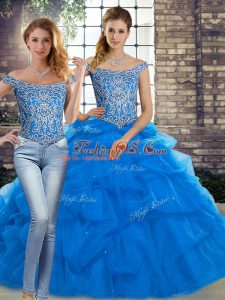 Two Pieces Sleeveless Blue Quinceanera Dresses Brush Train Lace Up