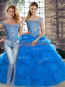 Two Pieces Sleeveless Blue Quinceanera Dresses Brush Train Lace Up