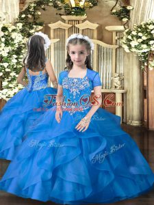 Straps Sleeveless Lace Up Pageant Gowns For Girls Blue Tulle
