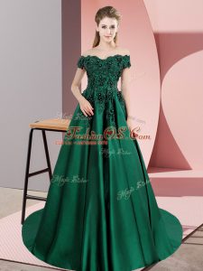 Flare Green Quinceanera Gown Sweet 16 and Quinceanera with Lace Off The Shoulder Sleeveless Court Train Zipper