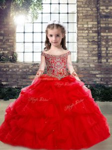 Off The Shoulder Sleeveless Organza and Tulle Little Girls Pageant Dress Beading Lace Up