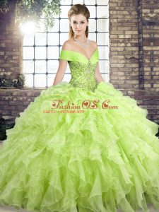 Yellow Green Ball Gowns Beading and Ruffles Sweet 16 Dress Lace Up Organza Sleeveless