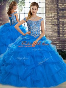 Blue Ball Gowns Off The Shoulder Sleeveless Tulle Brush Train Lace Up Beading and Pick Ups 15 Quinceanera Dress