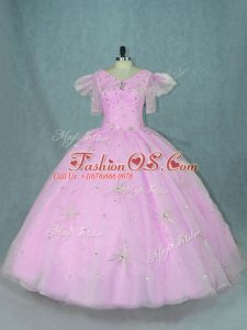 Ball Gowns Quinceanera Dresses Lilac V-neck Organza Short Sleeves Floor Length Zipper