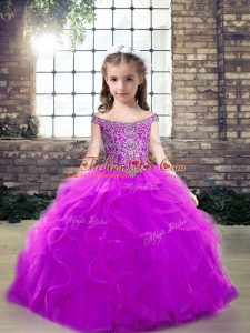Purple Ball Gowns Off The Shoulder Sleeveless Tulle Floor Length Lace Up Beading and Ruffles Kids Formal Wear