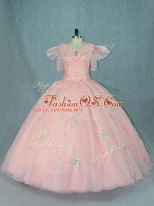 Peach Zipper 15th Birthday Dress Beading Short Sleeves Floor Length