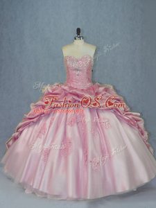 Pink Sweetheart Lace Up Beading and Appliques and Pick Ups Quinceanera Gowns Brush Train Sleeveless