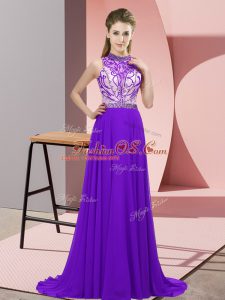 Purple Mother Of The Bride Dress Prom and Party with Beading Halter Top Sleeveless Brush Train Backless