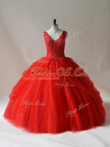 Hot Selling Sleeveless Tulle Floor Length Zipper 15 Quinceanera Dress in Red with Beading