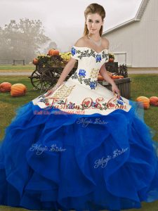 Royal Blue Lace Up Off The Shoulder Embroidery and Ruffles Quince Ball Gowns Tulle Sleeveless