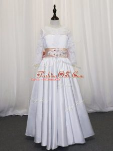 Popular Floor Length Lace Up Toddler Flower Girl Dress White for Wedding Party with Lace and Bowknot