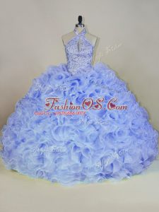 Inexpensive Halter Top Sleeveless Quinceanera Dress Brush Train Beading Lavender Fabric With Rolling Flowers