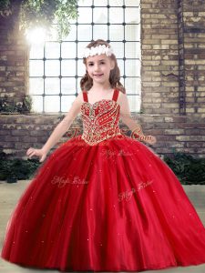 Latest Straps Sleeveless Tulle Girls Pageant Dresses Beading Lace Up