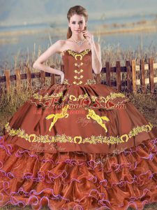 Gorgeous Satin and Organza Sleeveless Quince Ball Gowns Brush Train and Embroidery and Ruffled Layers