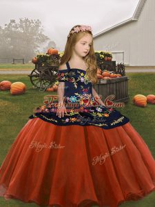 Graceful Rust Red Straps Lace Up Embroidery Kids Pageant Dress Sleeveless