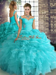 Nice Aqua Blue Lace Up Sweet 16 Dresses Beading and Ruffles and Pick Ups Sleeveless Floor Length