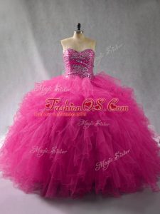 Stunning Halter Top Sleeveless Vestidos de Quinceanera Floor Length Beading and Ruffles Fuchsia Tulle