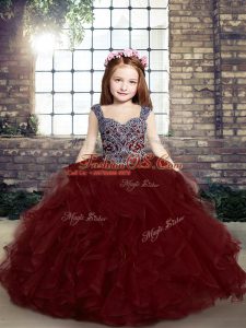 Burgundy Lace Up Straps Beading and Ruffles Kids Pageant Dress Tulle Sleeveless