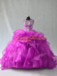 Purple Ball Gowns Scoop Sleeveless Organza Floor Length Lace Up Beading and Ruffles 15th Birthday Dress