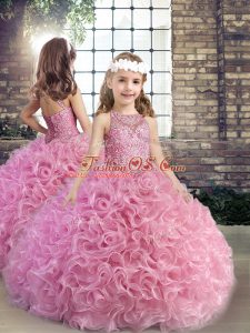 Pink Scoop Lace Up Beading Kids Pageant Dress Sleeveless