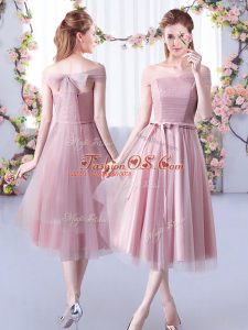 Glittering Tea Length Pink Dama Dress Tulle Sleeveless Belt